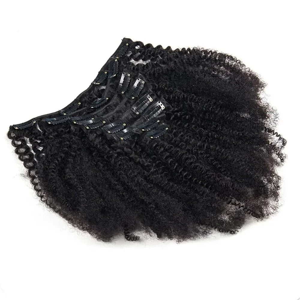 Human Hair Clip In Extensions Afro Kinky Curly 8 Inch Black 8Pcs